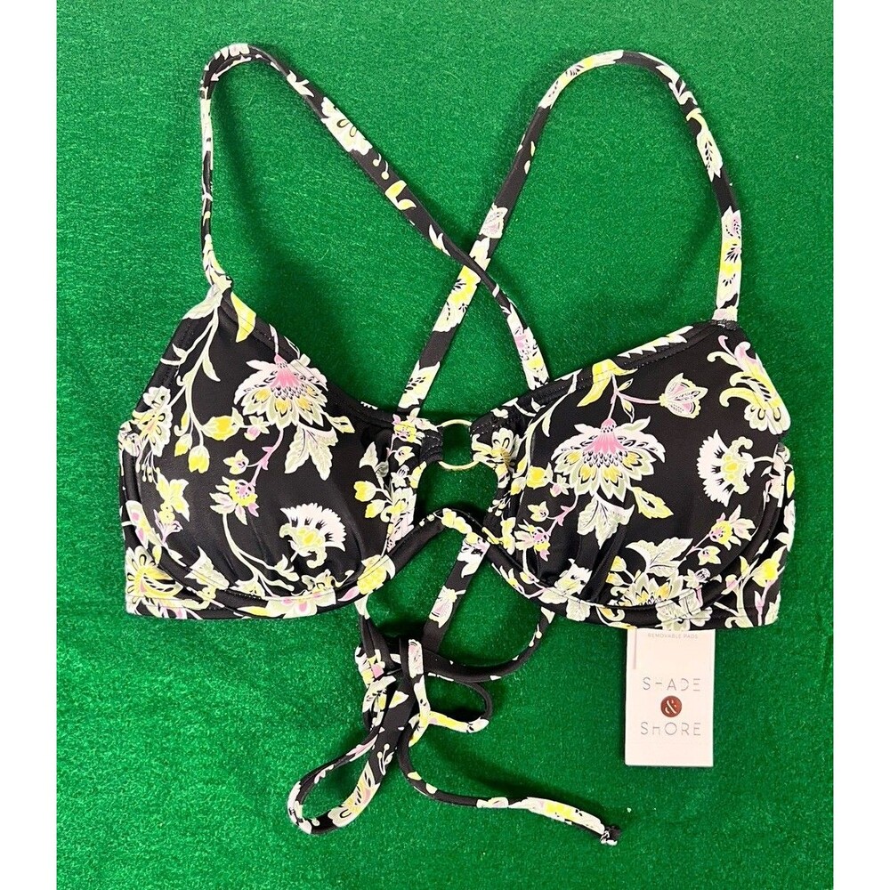 NEW Shade & Shore Women's Underwire Tie Cross Bikini Top Black Floral Print 34B